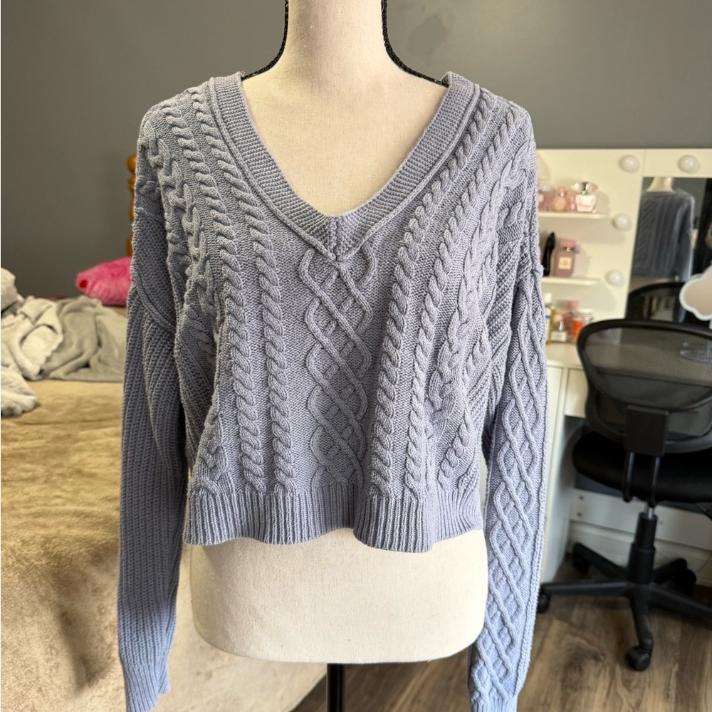 V-Neck Cable Knit Sweater - Light blue Aeropostale